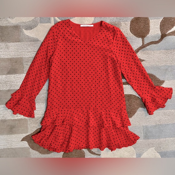 Vtg Diane Von Furstenberg Long Sleeve Two Ruffle Red/Black Dot Mini Shift Dress - Picture 2 of 5
